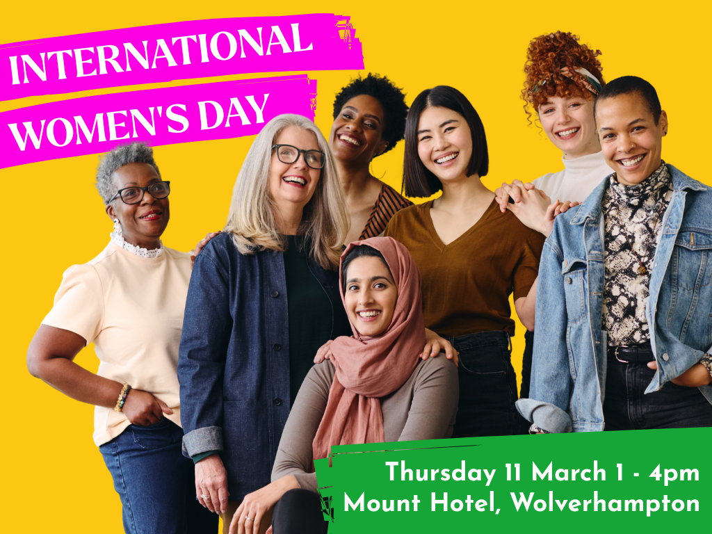 A a group of happy, diverse women, a sticker says 
