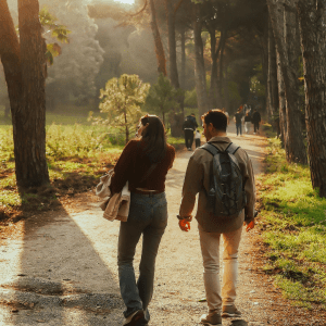A couple walk together through a wood